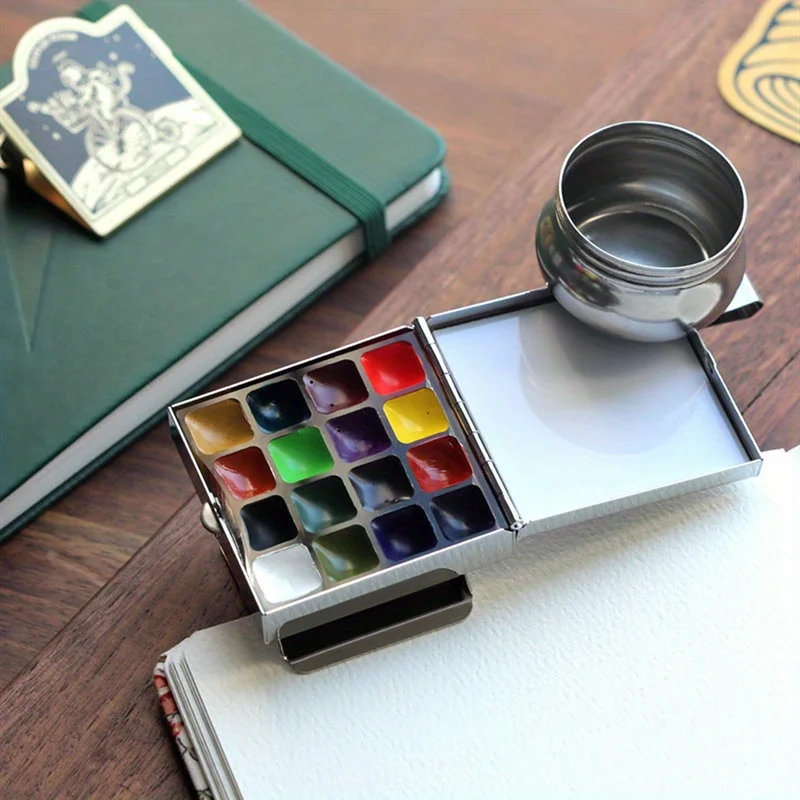 Reise-Aquarellfarben-Set Mini Tragbare Farbbox Aquarellfarben-Spender-Set Waschtopf Zeichenbuch Wasserstift – Detail 15