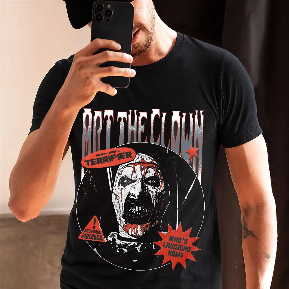 Warning Stickers Retro Horror Terrifier Art The Clown Killer Scary Halloween Gift T Shirt Short Sleeve Graphic clothes S-6XL