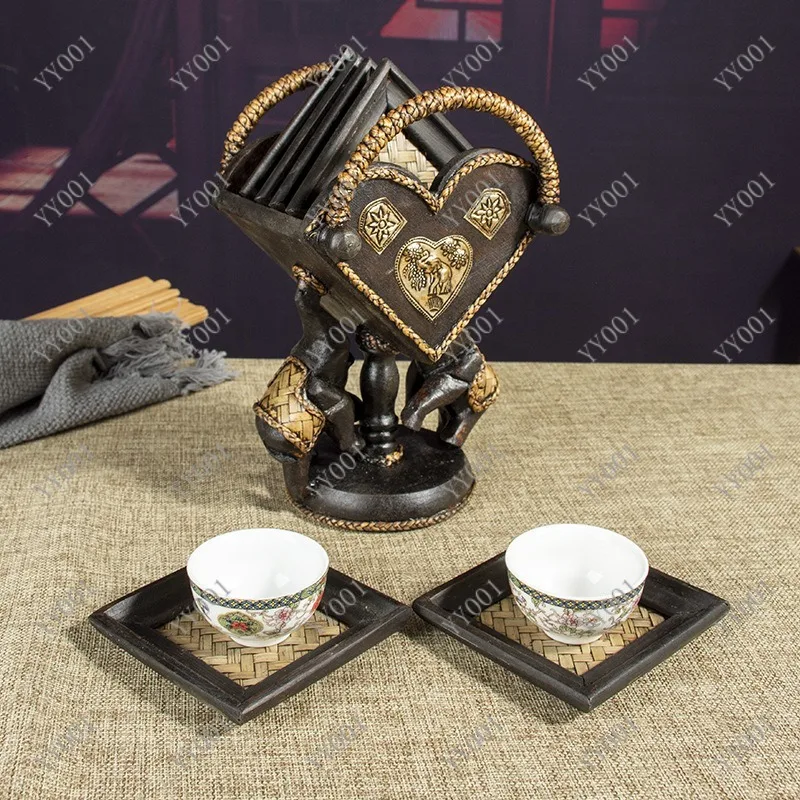 Thai Wooden Coaster Set with Bamboo Woven Heat Insulation Tea Cup Pad for Home
