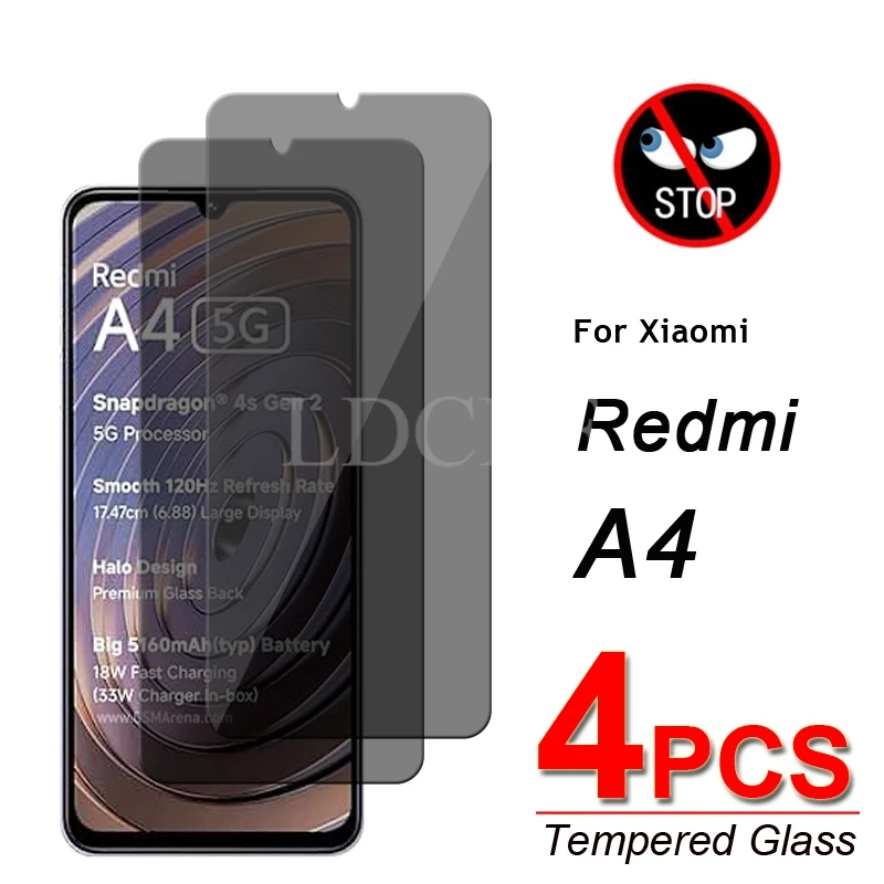 4Pcs Anti-Spy Glass Film Xiaomi Redmi A4 Glass Redmi A4 Privacy Screen Protector Film Redmi A4 Tempered Glass