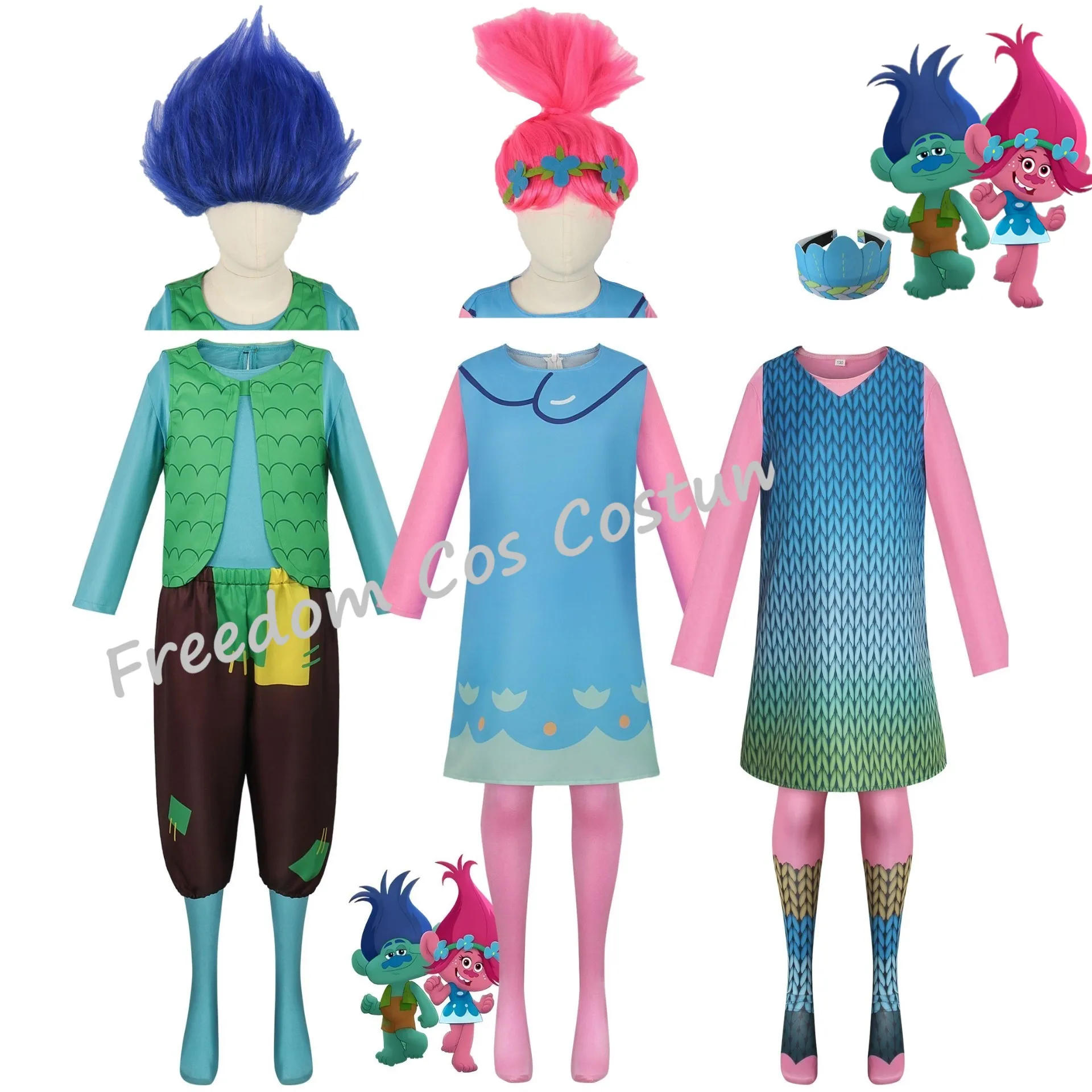 

Anime Magic Elf Cosplay Costume Boys Trolls Branch Top Pants Set Girls Poppy Dress Halloween Outfits Wig Suit for Kids Adult