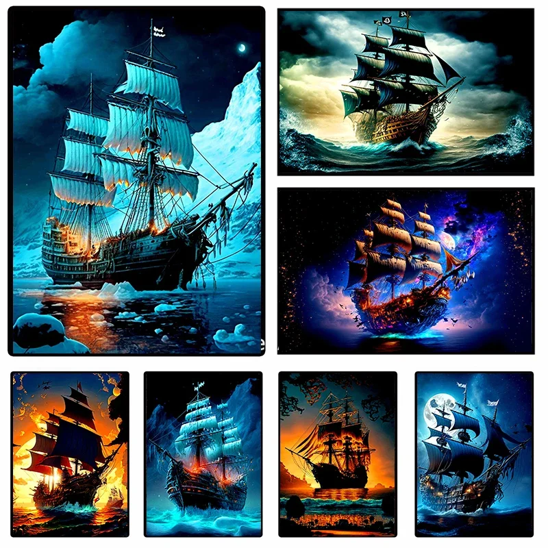 Pirate Ship Poster Retro Neon Design Painting Anime Canvas printing wall art decoration painting For Home Living room decoration
