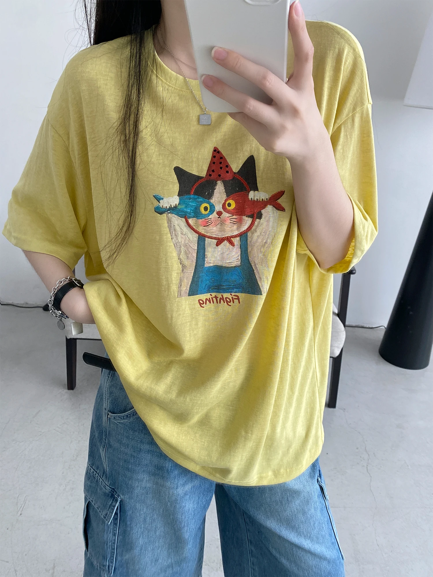 Sun You  Silk Linen Retro Oil Painting Cartoon Print Casual Loose Fit Short Sleeve T-Shirt Women Summer round Neck Top