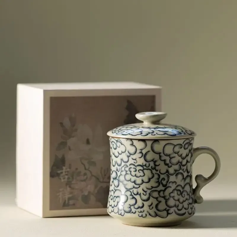 350ML Antique Ru Kiln Xiangyun Crescent Moon Water Cup Mug Ceramic Teacup with Lid Tea Separation Split Can Raise Kung Fu TeaCup