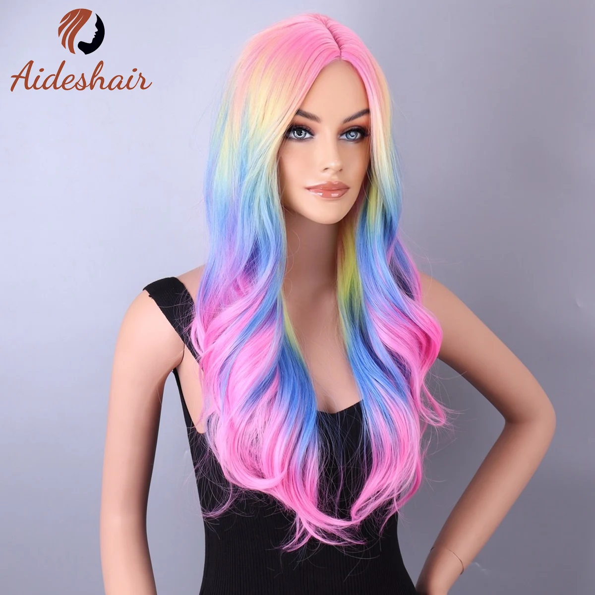 Tęczowa peruka syntetyczna dla kobiety długie włosy typu body wave Cosplay Lolita Party naturalne peruki termoodporne włókno codzienne włosy