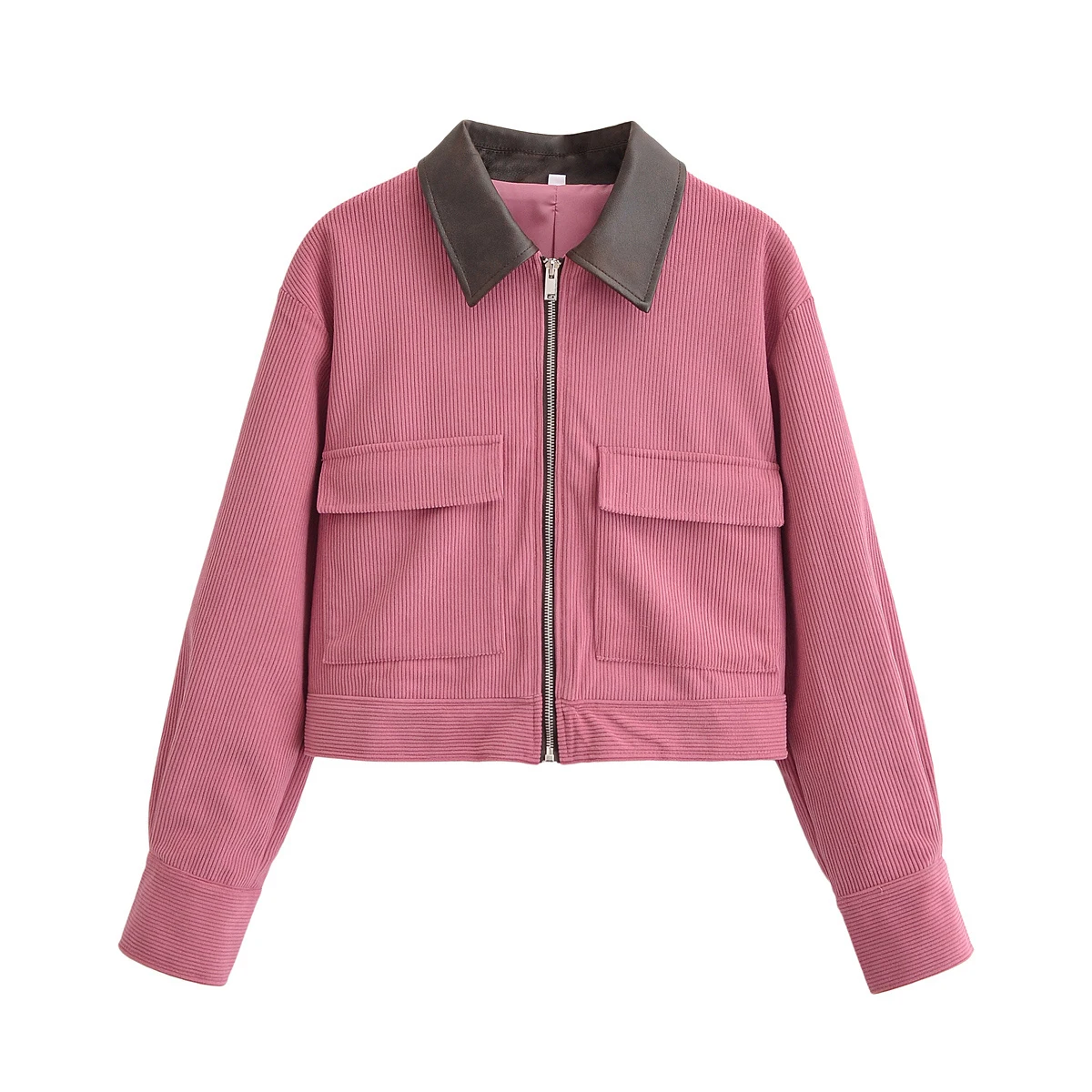 Frühlingsneuheit: Amerikanische Cordjacke mit Lederimitat-Kragen und Patchwork-Design, Kurzjacke für Damen