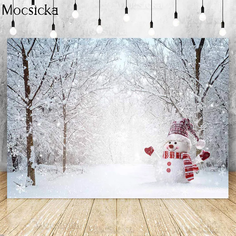 

Snowman Snow Landscape Backdrop For Photography Winter Frozen Forest Photocall Baby Kids Family Portrait Background Photo Studio