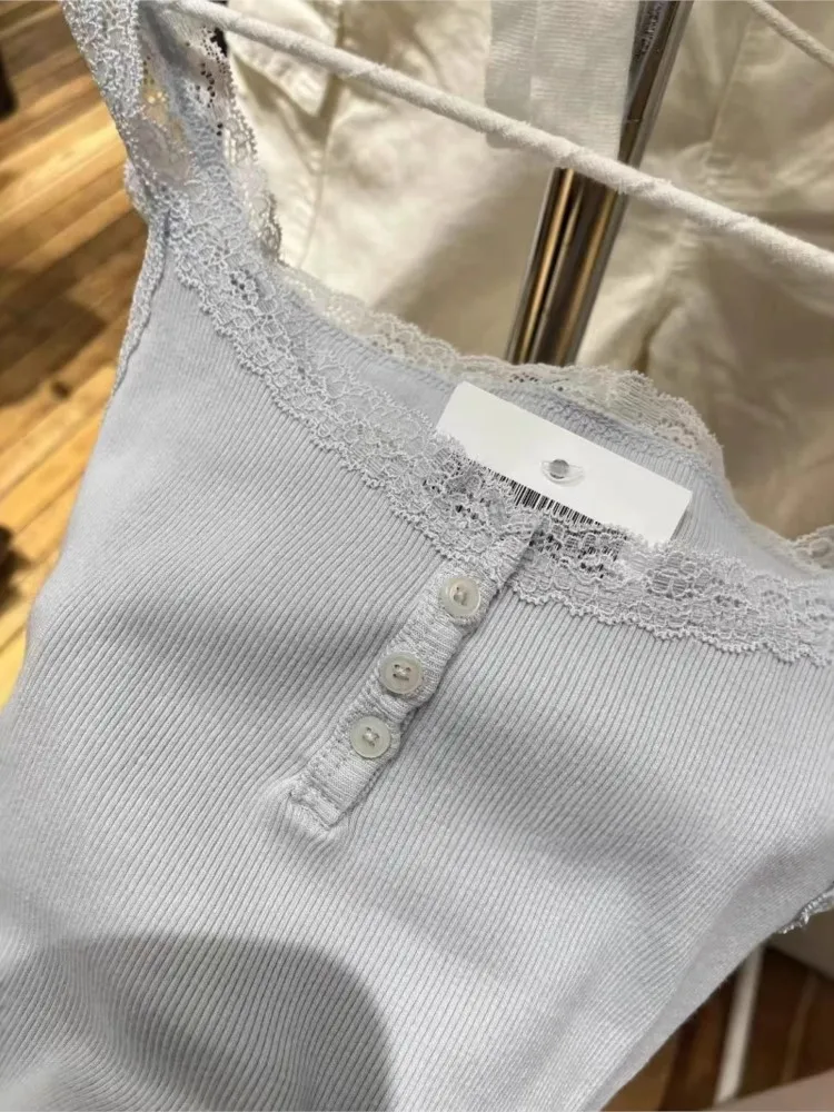 

Синяя кружевная отделка, ребристые пуговицы, камзол, женская летняя новая повседневная хлопковая тонкая жилетка без рукавов, милые универсальные укороченные топы на бретелях Y2K