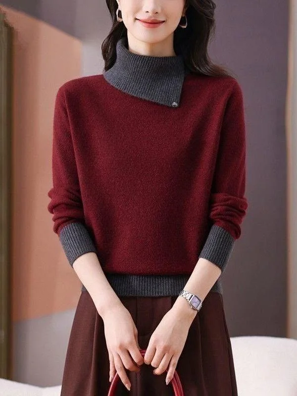 Loose Fit Color Block Knitwear Long Sleeve Turn down Collar Sweater Women's Base Shirt Top Autumn Winter New Style Korean Ver...