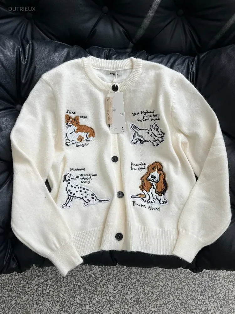 Cute Korean Sueter Mujer Cartoon Dog Knitwear Cardigan Coats Women's Clothing 2026 Loose Embroidery Knit Sweater Tops Pull Femme