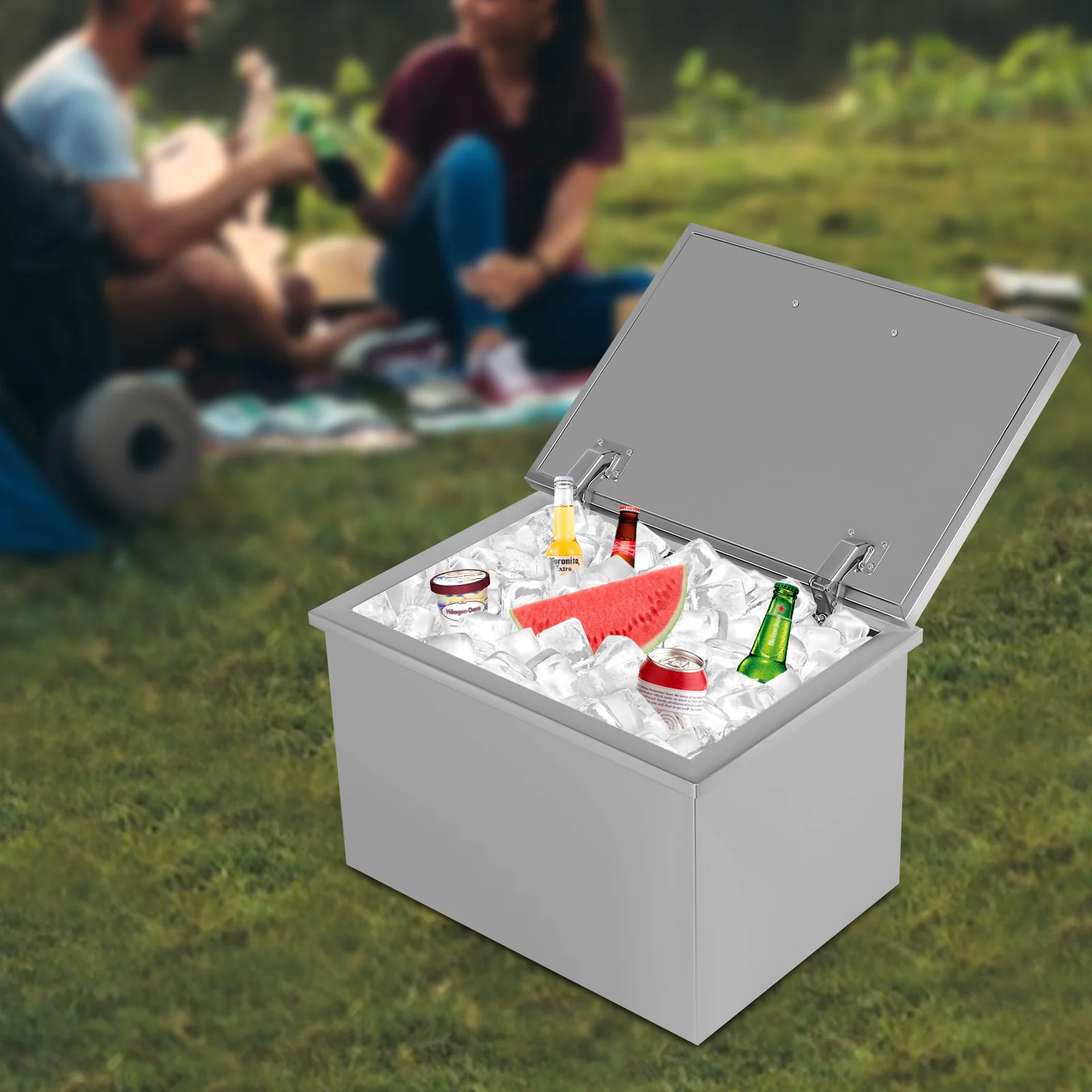 Drop in Ice Chest 20''L x 14''W x 13''H Drop in Cooler Stainless Steel with Hinged Cover Bar Ice Bin 40L/42.2Qt