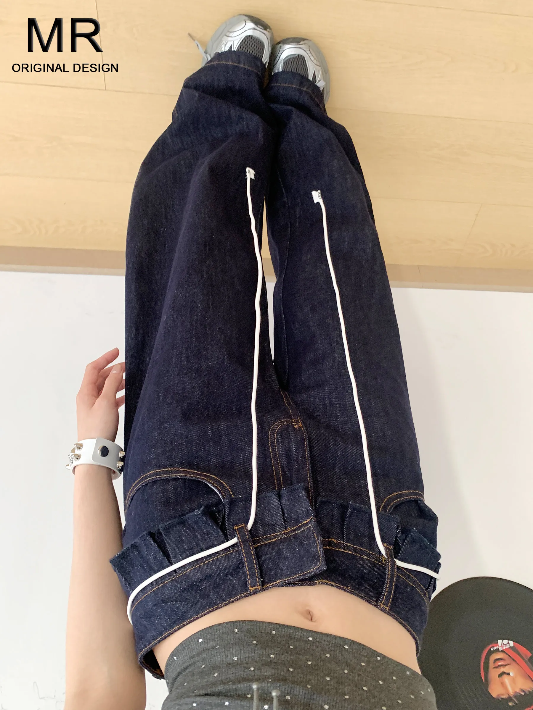 

Американские ретро-джинсы с высокой талией и широкими штанинами, женские, свободные, утягивающие, с двойным поясом, с декоративными вставками, весенняя новинка