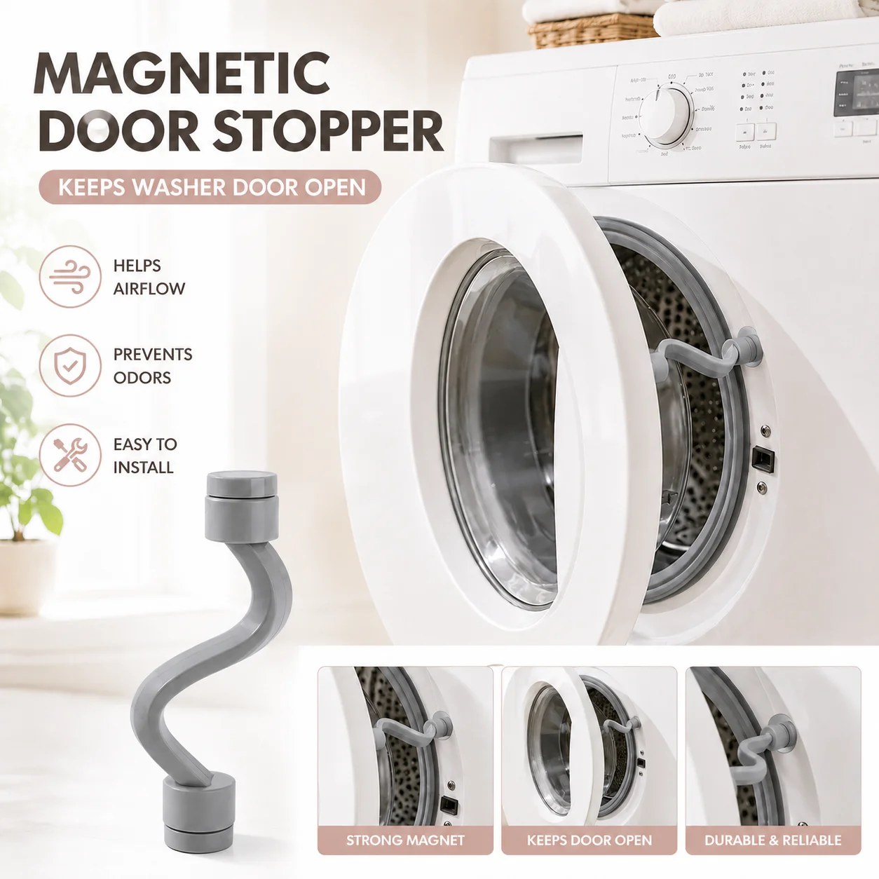 Suporte Magnético para Porta de Máquina de Lavar Roupa, Espaçador de Ventilação para Manter a Porta Aberta, Acessório de Lavanderia, Cinza