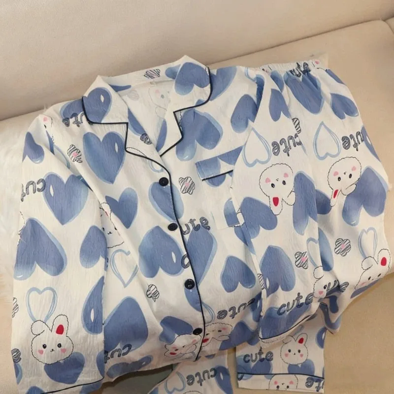 

Cute Rabbit & Blue Heart Print Pajama Set for Women Two Pieces Set Sleepwear Soft Korean Style Y2K Kawaii Women's Pajamas Spring