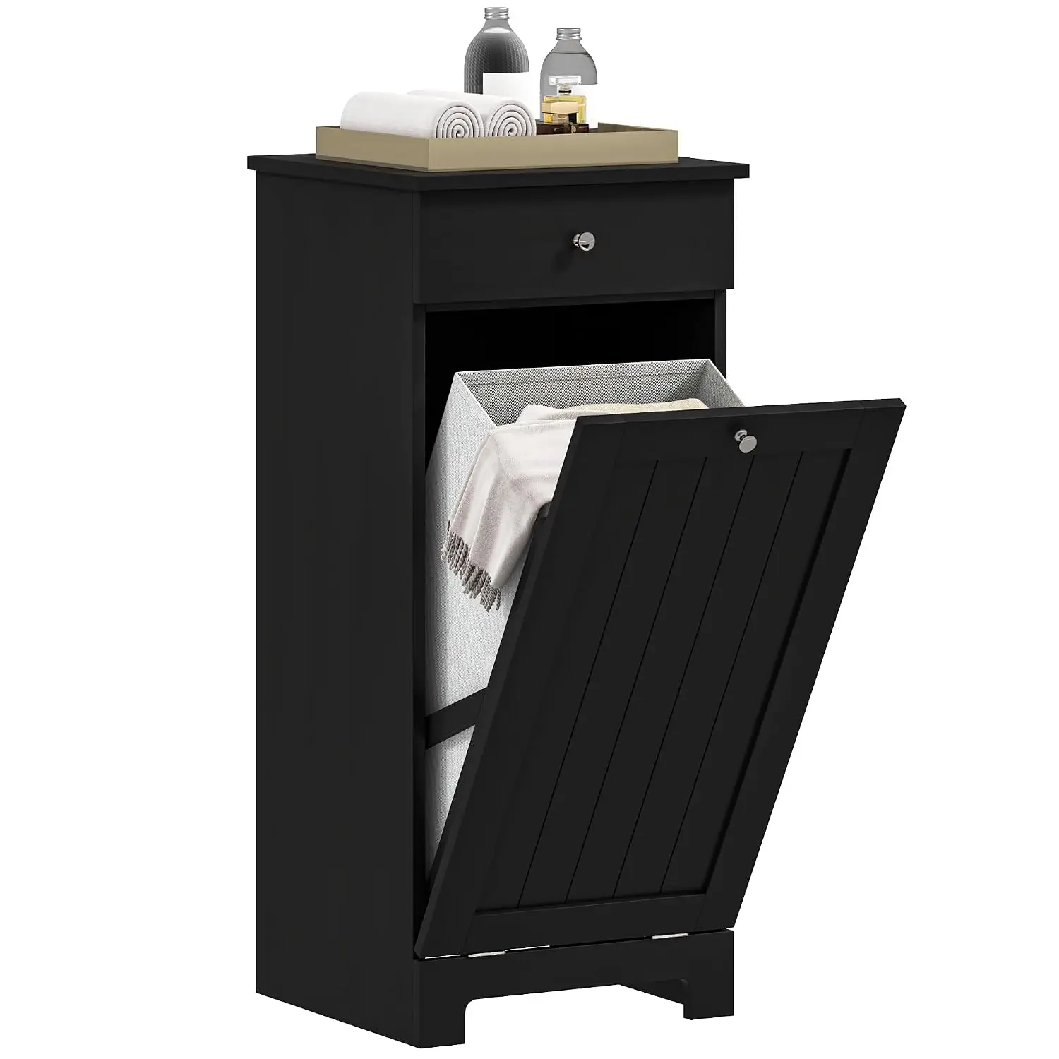 Laundry Cabinet with Tilt Out Hamper & Removable Basket, 2 Drawers & Beadboard Doors for Bathroom, Black, Customized