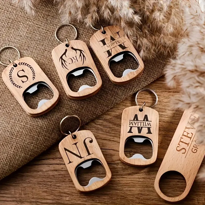 5-50 Pcs Wood Stainless Steel Beer Bottle Opener Baptism Gift Wedding Party Guest Keychain Laser Engraved Customized Logo