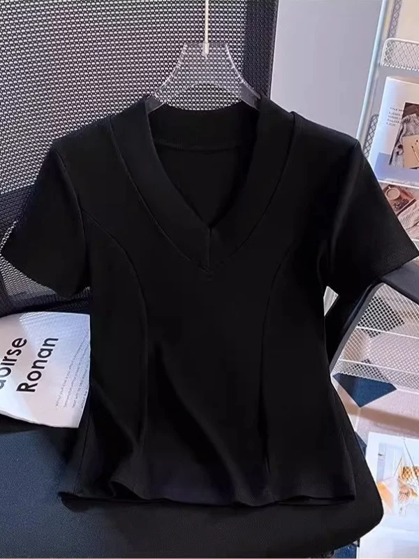 

Женский летний топ Slim Fit с V-образным вырезом, однотонный, простой, с регулярной шириной плеч, в корейском стиле