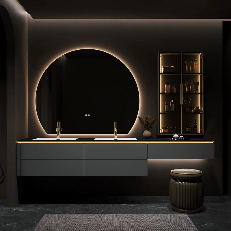 

Modern Light Luxury Bathroom Cabinets Vanity Rock Slab Bathroom Cabinets Integrated Seamless Ceramic Banyo Dolap Furniture