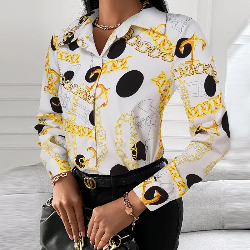 Casual Summer Geometric Printed Shirt Turn-down Collar Long Sleeve Single Breasted Shirt Temperament Fashion Office Women\'s Top