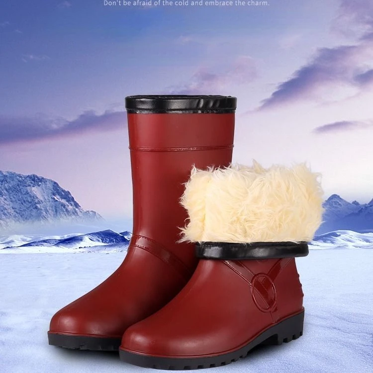 Warm Winter Women Raining Boots Winter Non-slip Female Rain Boots Medium and High Tube One Piece Imitation Leather Women Boots