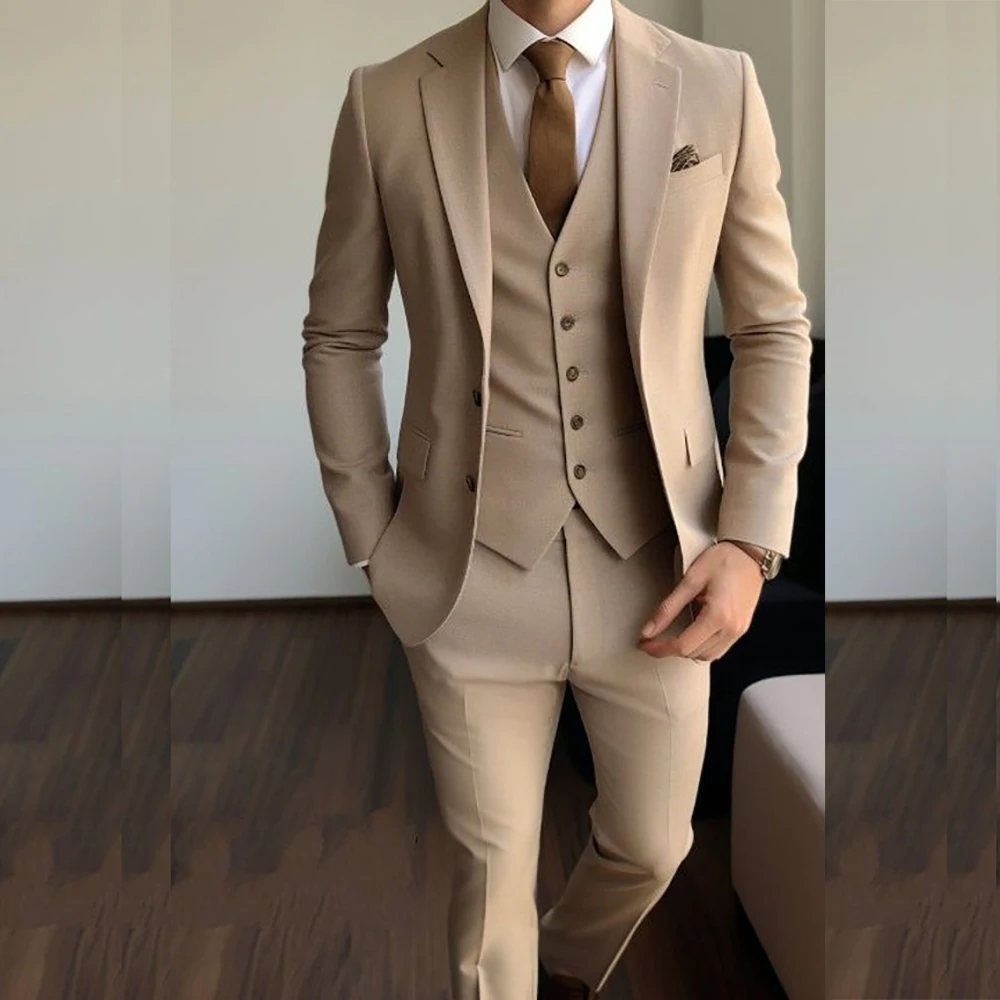 

Chic Notch Lapel Single Breasted Slim Fit Men's Suits Blazer Solid Color Light Khaki Flat Front 3 Piece Jacket Pants Vest Terno