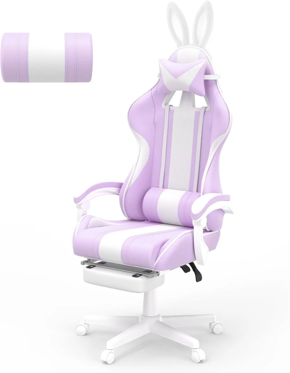 Kawaii Light Purple Gaming Chair with Bunny Ears, Ergonomic Cute Gamer Chair with Footrest and Massage