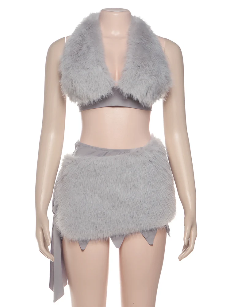 

Nibber Fluffy Patchwork 4-Piece Set Women Halter Backless v-Neck Vest+Bandage Skirt+Gloves+Leg Sleeves Winter Trend Sexysuits