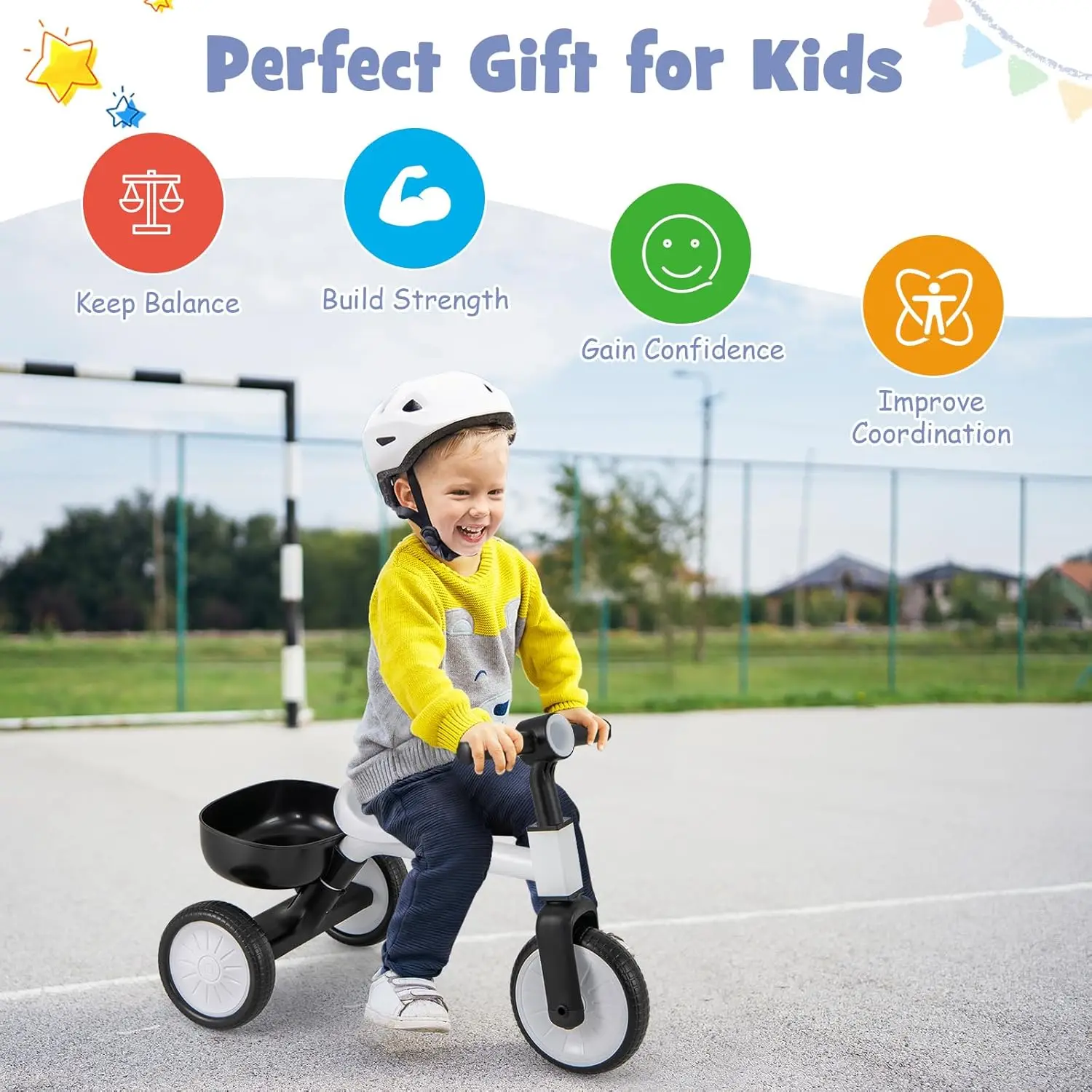 Triciclo per bambini, triciclo per bambini 2 in 1 bici ausiliaria con telaio in acciaio al carbonio, pedali staccabili e Bas di stoccaggio rimovibile