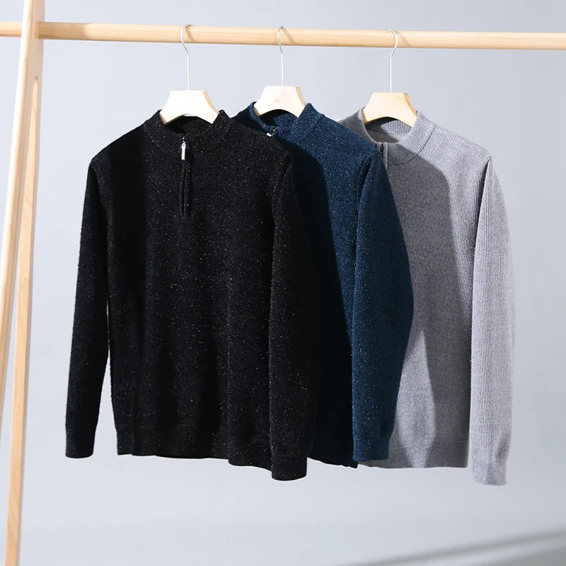 

Thiened Fce Lined Knitted Sweater Stand Collar f Zipper Men's Faion Winter Warm Long Sve Youth Ci Sle Pure C...