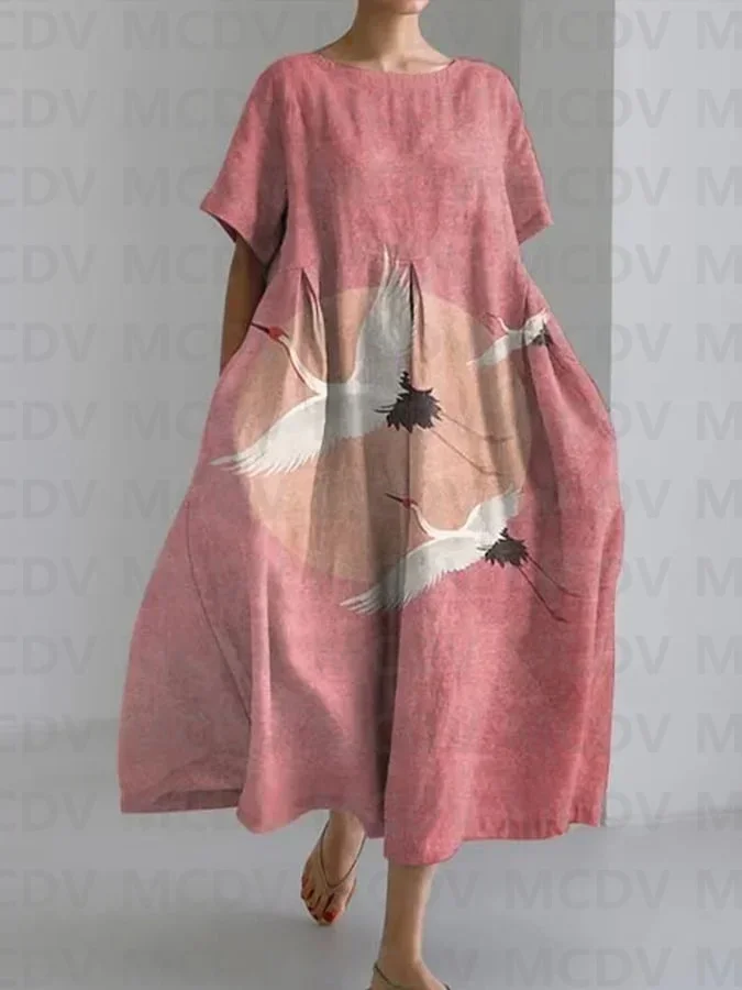 

Women's Crane Print Long Dress 3D Printed Elegant Dress Female Pocket Dresses