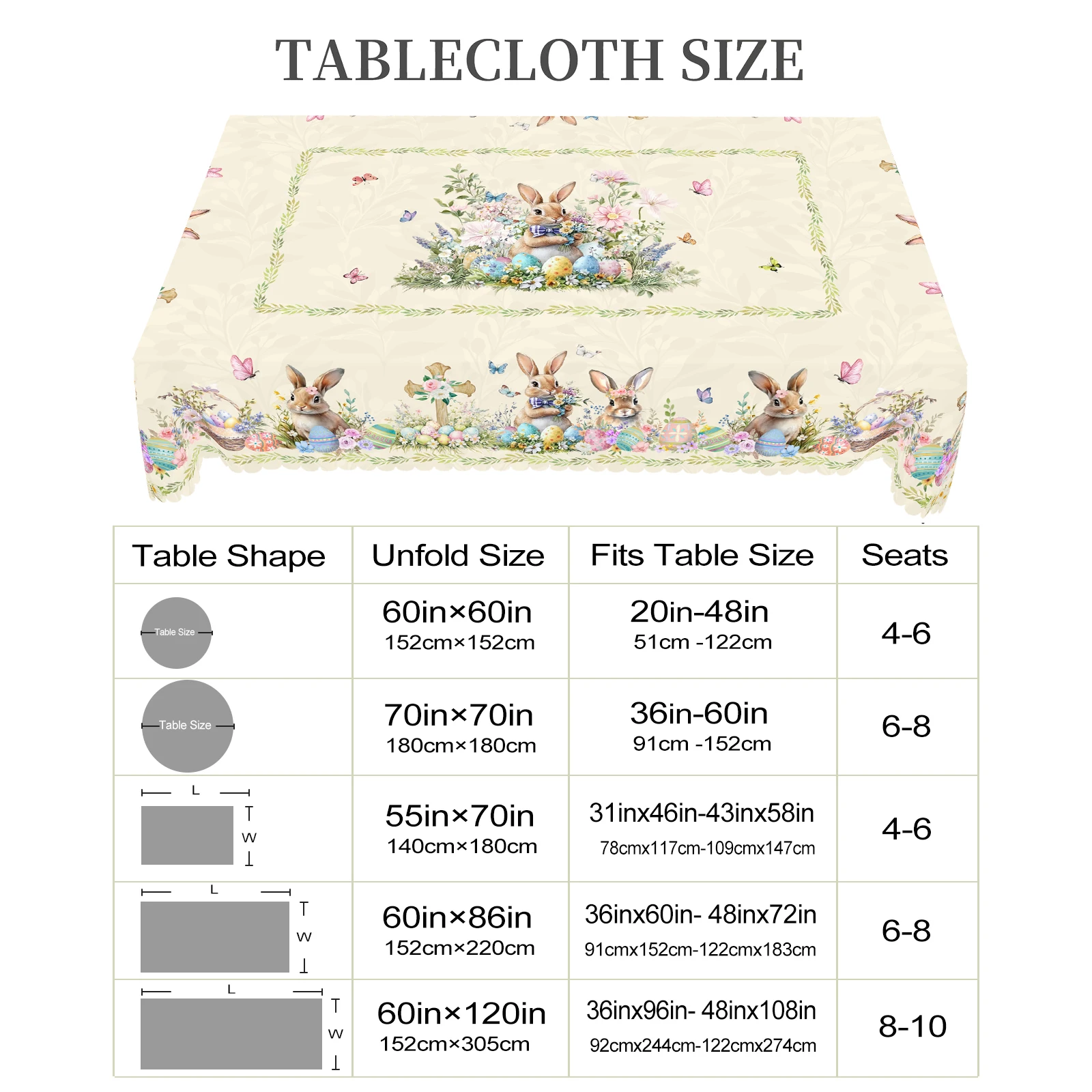 1 Easter Round Tablecloth, 5 Sizes Available, Easter Cross Rabbit Egg Print Tablecloth, Edge Embossing Process, Spring Garden Tablecloth Decoration,