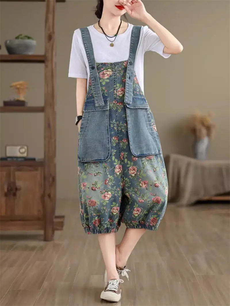 Jumpsuit Vintage motif, celana Jeans tali serbaguna kasual longgar musim panas 2024, temperamen Korea untuk wanita