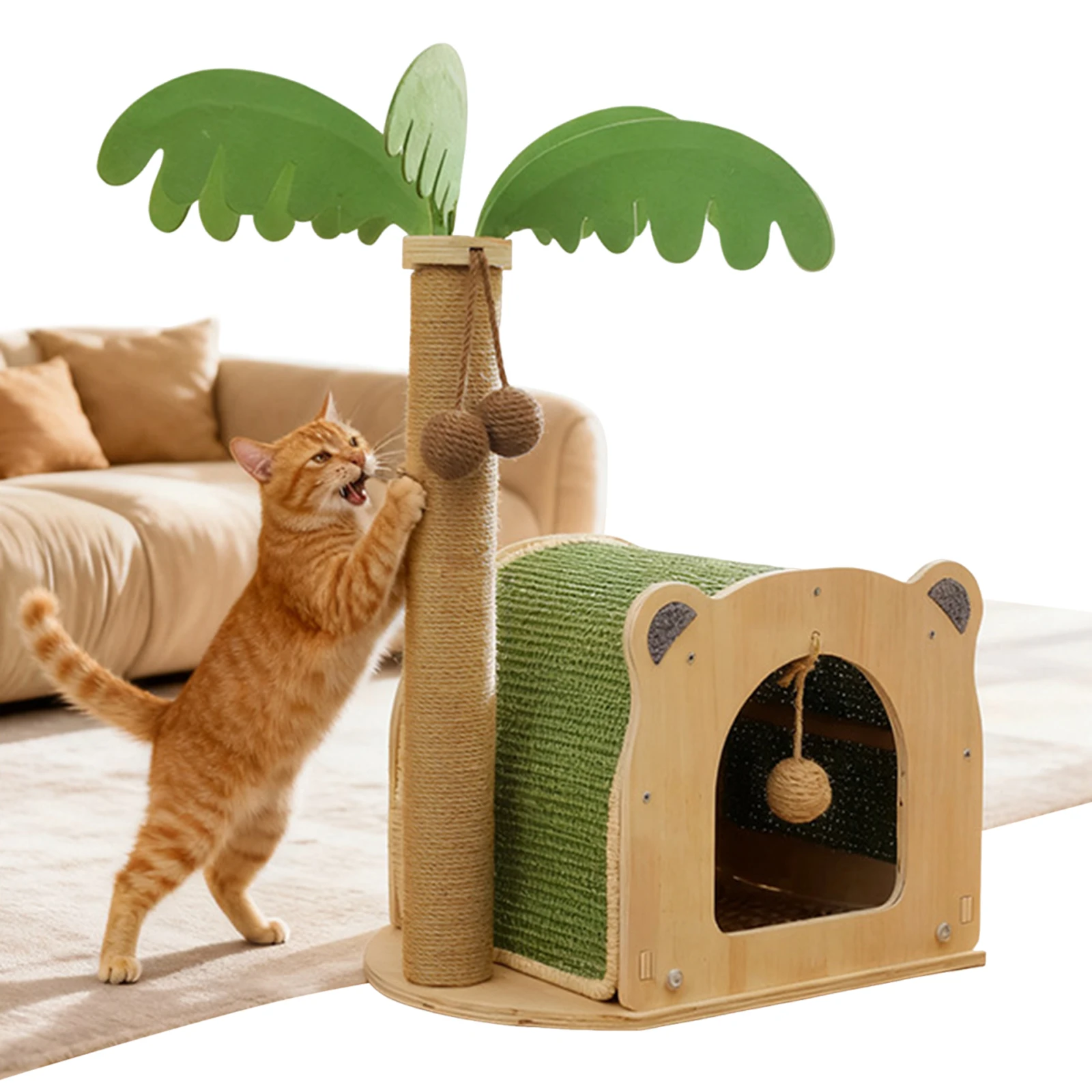 

Coconut Tree Sisal Scratch Posts with Hanging Balls Cat Toy Wooden Interactive Condo for Kittens and Cats