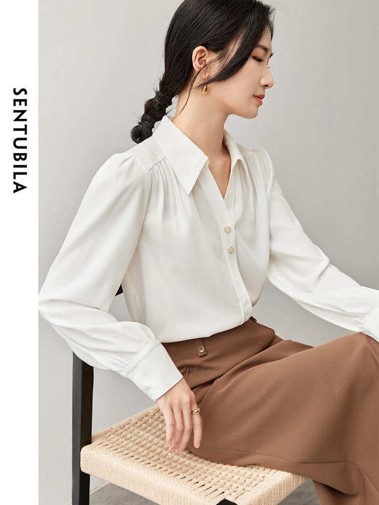 SENTUBILA Casual V Neck Shirt Women 2024 Autumn Texture Single Breasted Long Sleeve Office Lady Simple Solid Blouse 143V57054