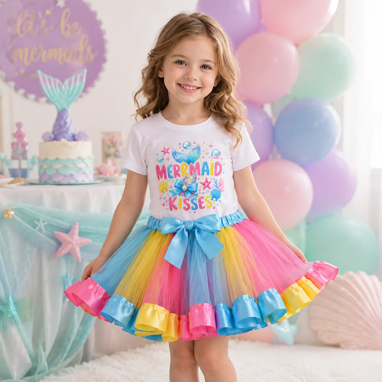 2-teiliges Meerjungfrauen-Outfit für Mädchen, bedrucktes T-Shirt mit „Mermaid Kisses“-Motiv und Regenbogen-Tutu-Rock für Geburtstag/Fotografie – Detail 1