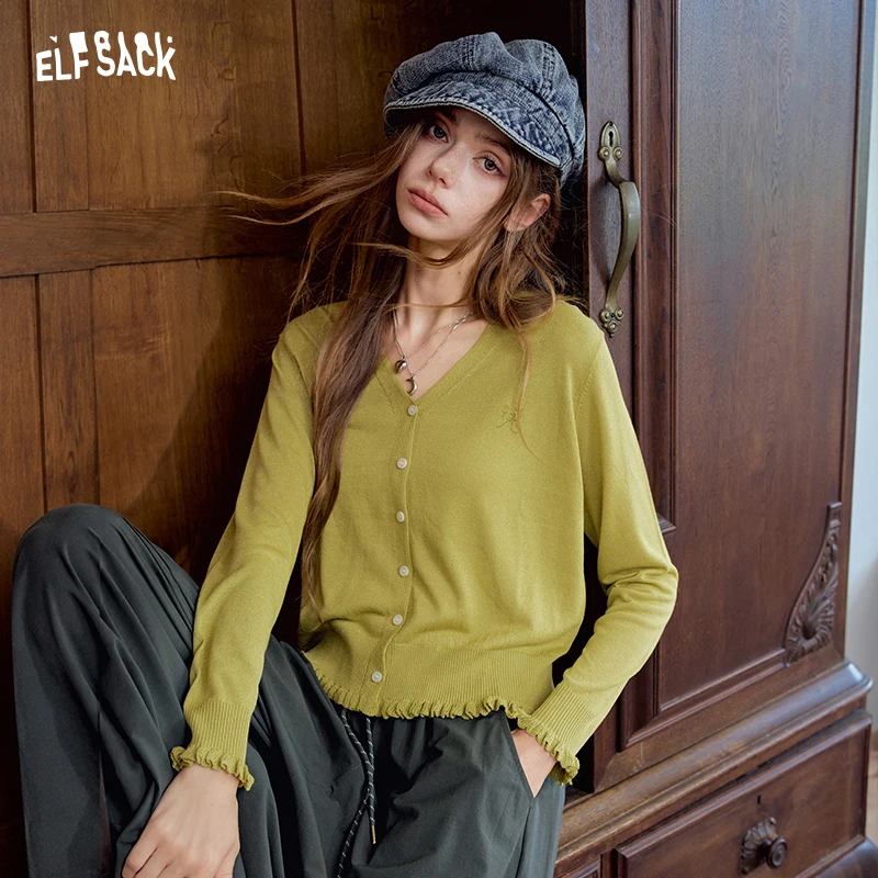 ELFSACK Women's V-Neck Crop Cardigan with Ruffle Trim, Casual Long Sleeve Knit Top for Everyday Wear