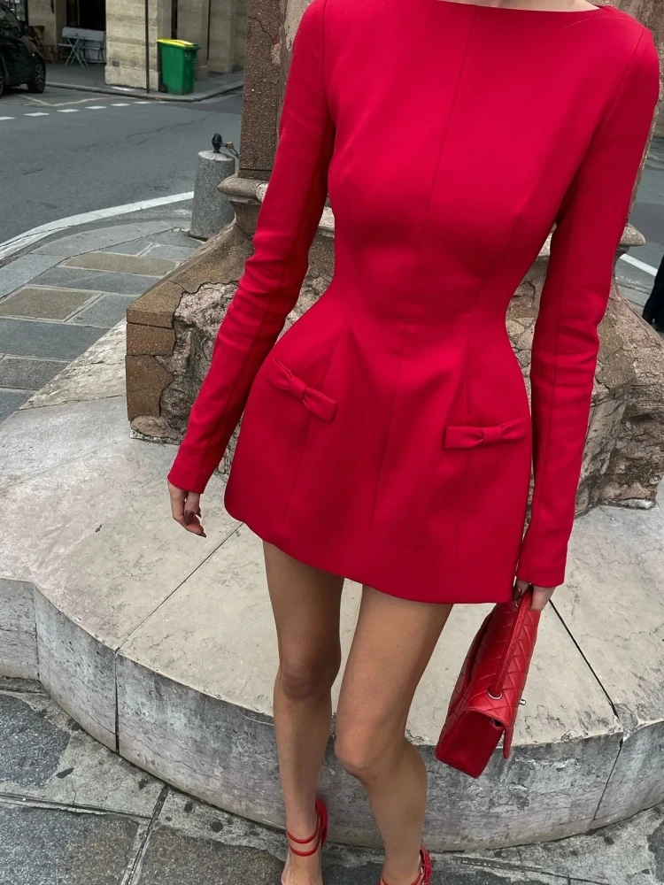 Sexy Long Sleeve Bow Design A-line Dress Women Red Black Double Bownot High Waist Mini Dresses Elegant Party Cocktail Club Gowns