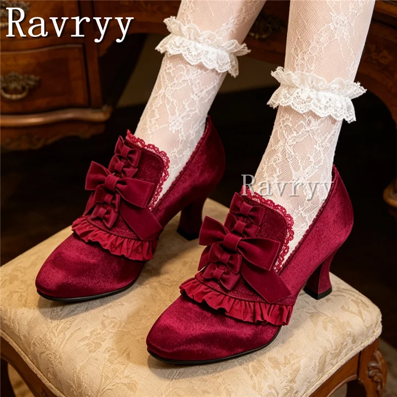Women's Vintage Lolita Butterfly Knots High Heels, Elegant Satin Ruffle Lace Thich Heel Pumps for Cosplay Party Wedding