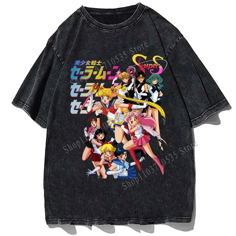 Sailor-Moon T Shirt Anime Beautiful Girl Printed Tshirt Harajuku Street Men Oversized Loose Casual T-Shirt Retro Cotton Tees