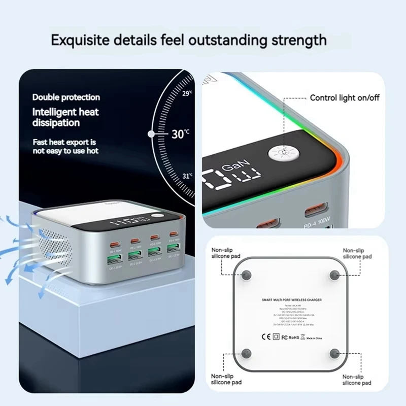 120W 8 Port Multi USB A Type C QC3.0 Charger PD 100W Fast Charging Station for Laptop Phone Pad Headphones EU Plug  -Miuai】