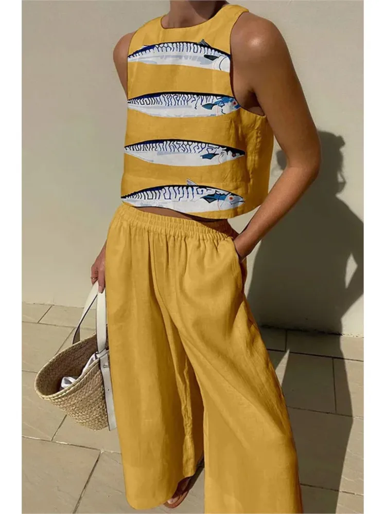 Sommer-Druck-Set für Damen, lässig, O-Ausschnitt, ärmellos, Pullover, Tops + Hose mit weitem Bein, 2-teiliges Set für Damen, Urlaub, Strand, Damenbekleidung