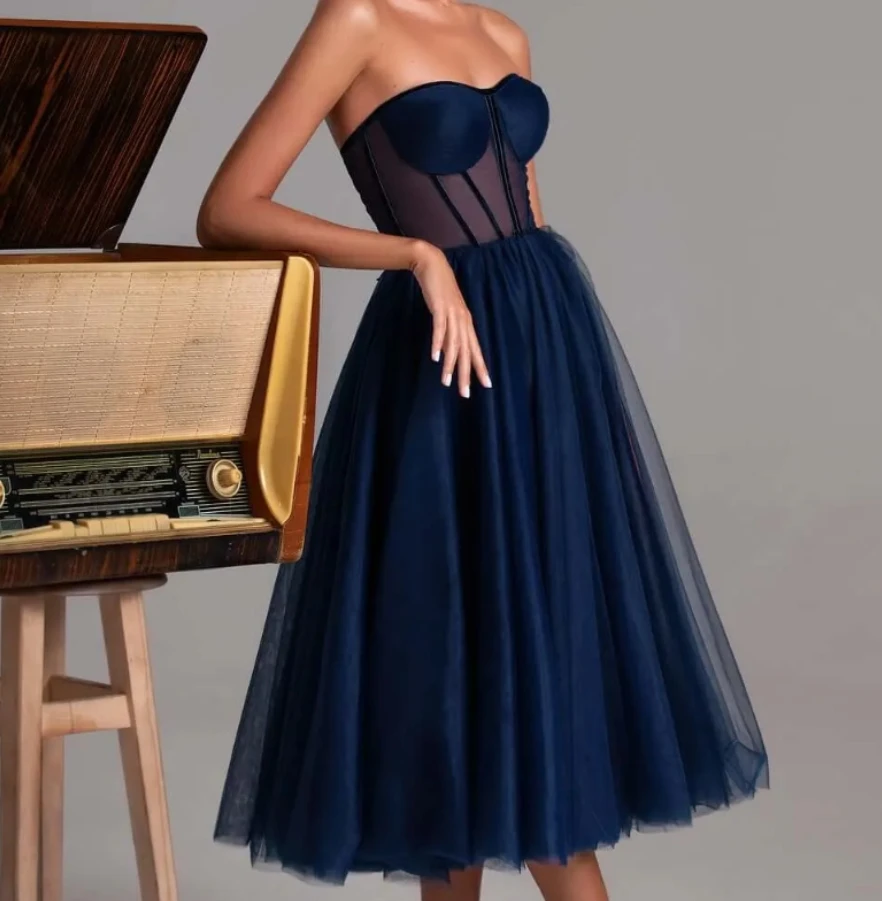 

Sexy Blue Strapless with Tulle Lace-up Pommel Skirt Knee-Length Evening Gown for Women فساتين للحفلات الراقصة