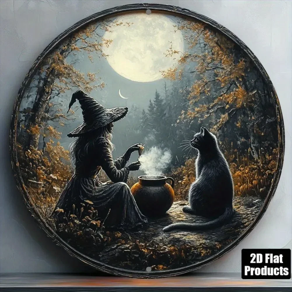 1PC Retro Halloween Wall Decor - Enchanting Magic Forest Witch & Black Cat Design for Home, Bar, Kitchen, Coffee Shop