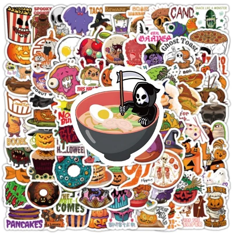 100PCS Halloween Food Stickers American Retro Ins Style Creative Cartoon Guitar Notebook Suitcase Water Cup Stickers Wholesale