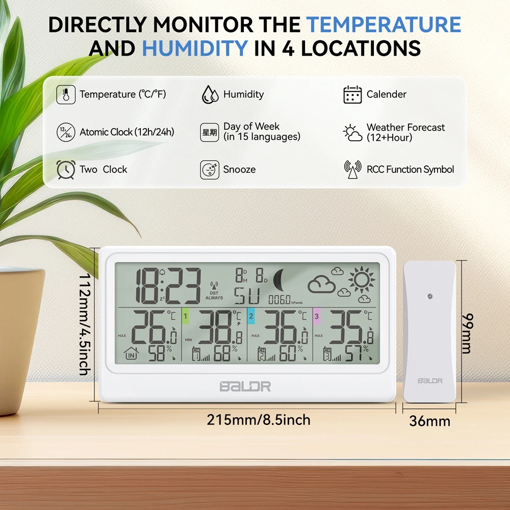 Baldr 8.5 Inch Weather Station Digital DCF Wall Table Atomic Alarm Clock Calendar Hygrometer Thermometer 3 Forecast Sensor -40°C