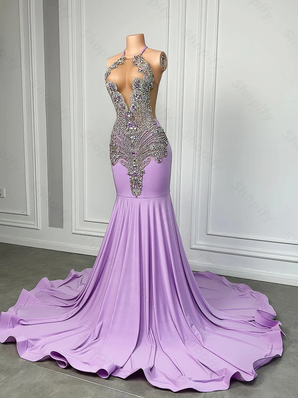 Vestido de baile longo com strass lilás roxo brilhante para garota negra, sexy estilo sereia, vestidos de festa formais, 2024 com trem