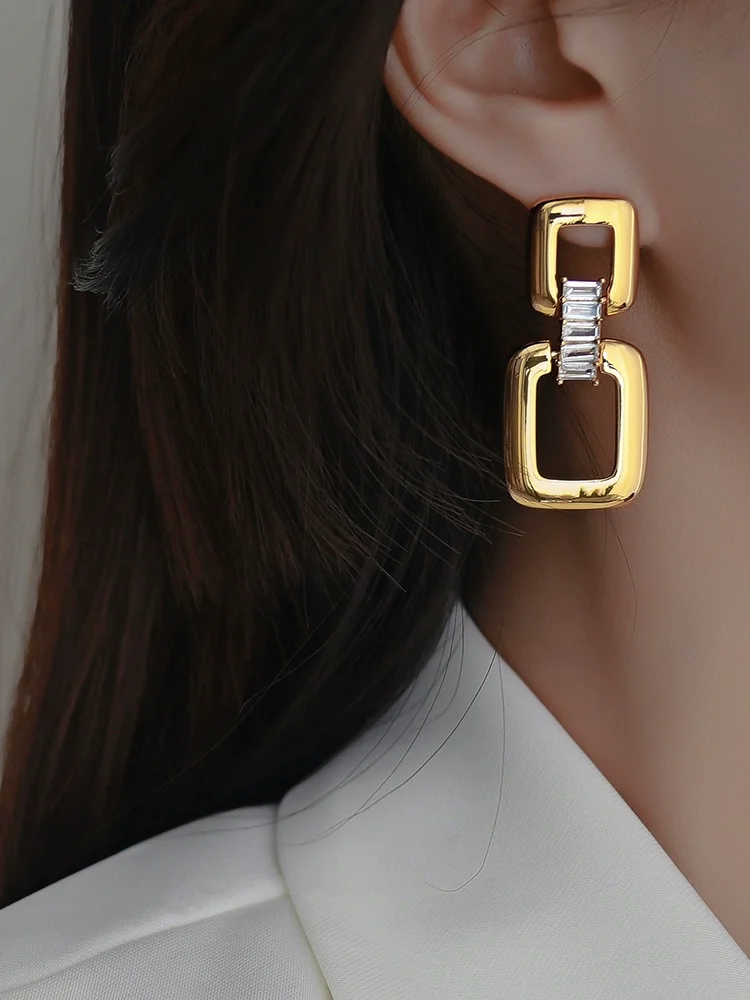 

Brass Rectangle Linked Drop Earrings Women Jewelry Punk Party T Show Gown Runway Korean Japan INS