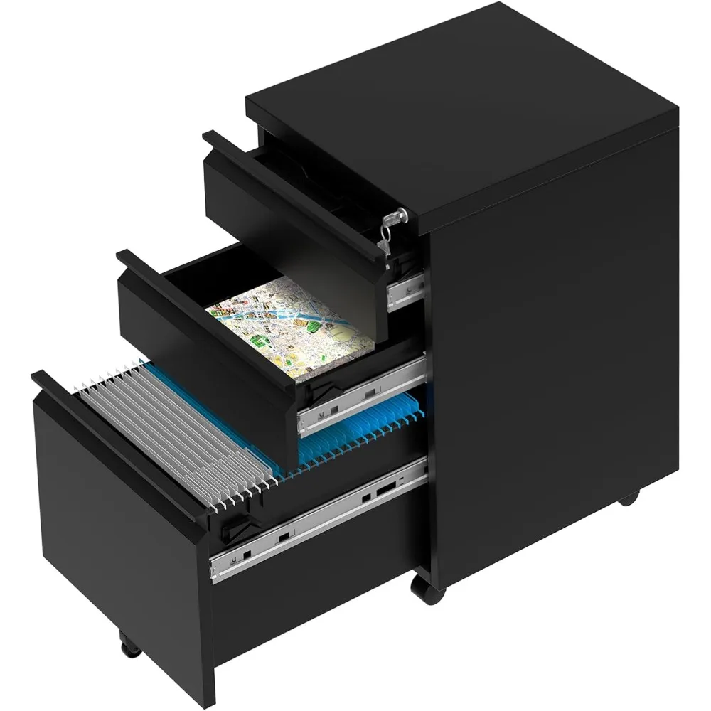 خزانة ملفات متنقلة بثلاثة أدراج مقاس 24 بوصة - خزانة ملفات جانبية للمكتب مع قفل/2 مفتاحًا، خزانة ملفات معدنية تحت المكتب مع ضبط