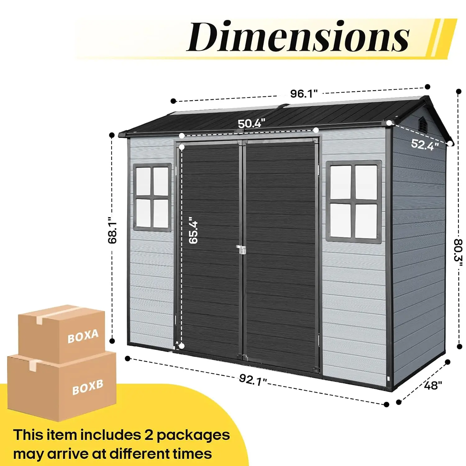 8x4ft Resin Outdoor Storage Shed with Floor & 2 Windows, Plastic Garden Shed for Tools, Furniture & Bike, Black+Grey, Customized