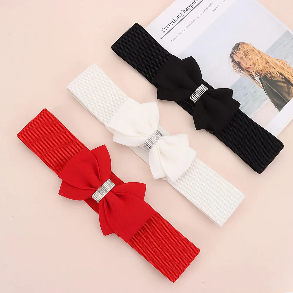 Fashion Adjustable Buckle Women's Elastic Wide Belt Plus Size Solid Color Bowknot Waistband Elastic Bow Belt for Dress Jeans
